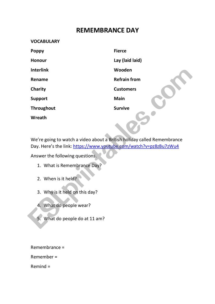 Remembrance Day worksheet