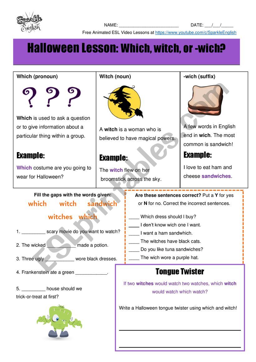 Halloween Homonyms Lesson - Which, Witch, or -wich? ESL Spelling and Writing Worksheet
