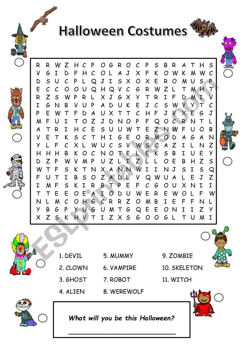 Halloween costumes word search