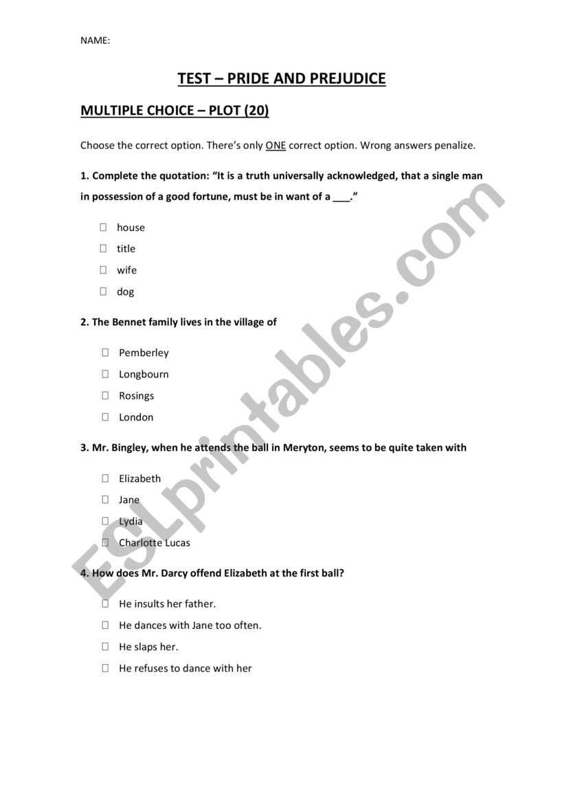 Pride and Prejudice Test  worksheet