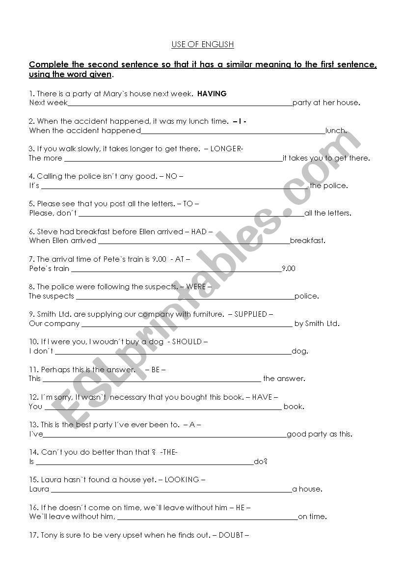 Key Word Transformation worksheet