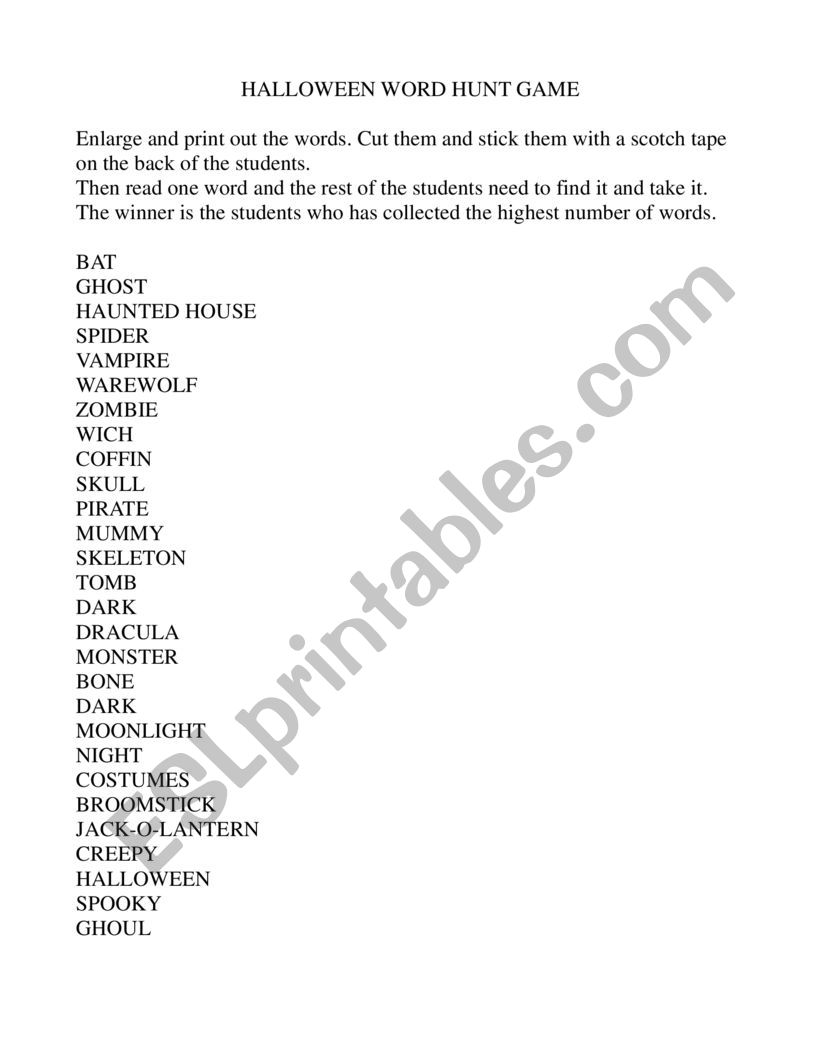 Halloween Word Hunt Game worksheet