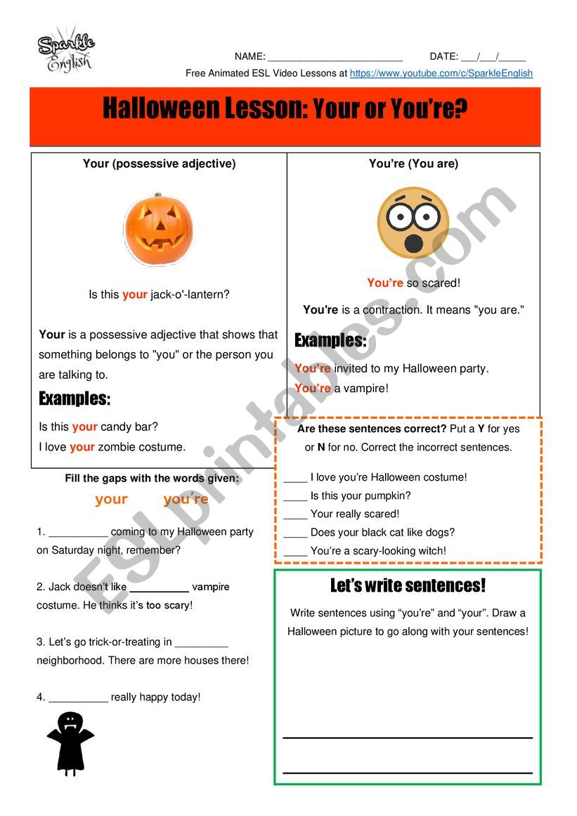  Halloween Homonyms Lesson - Your or Youre? ESL Spelling and Writing Worksheet