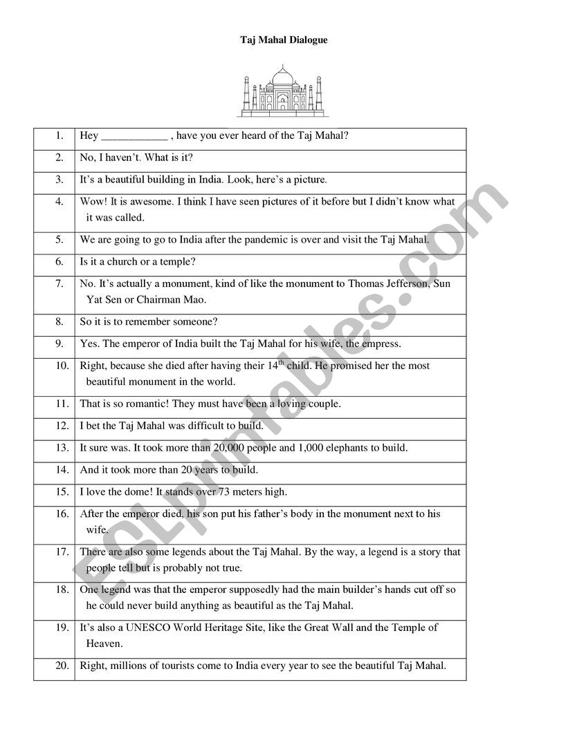 Taj Mahal Dialogue  worksheet