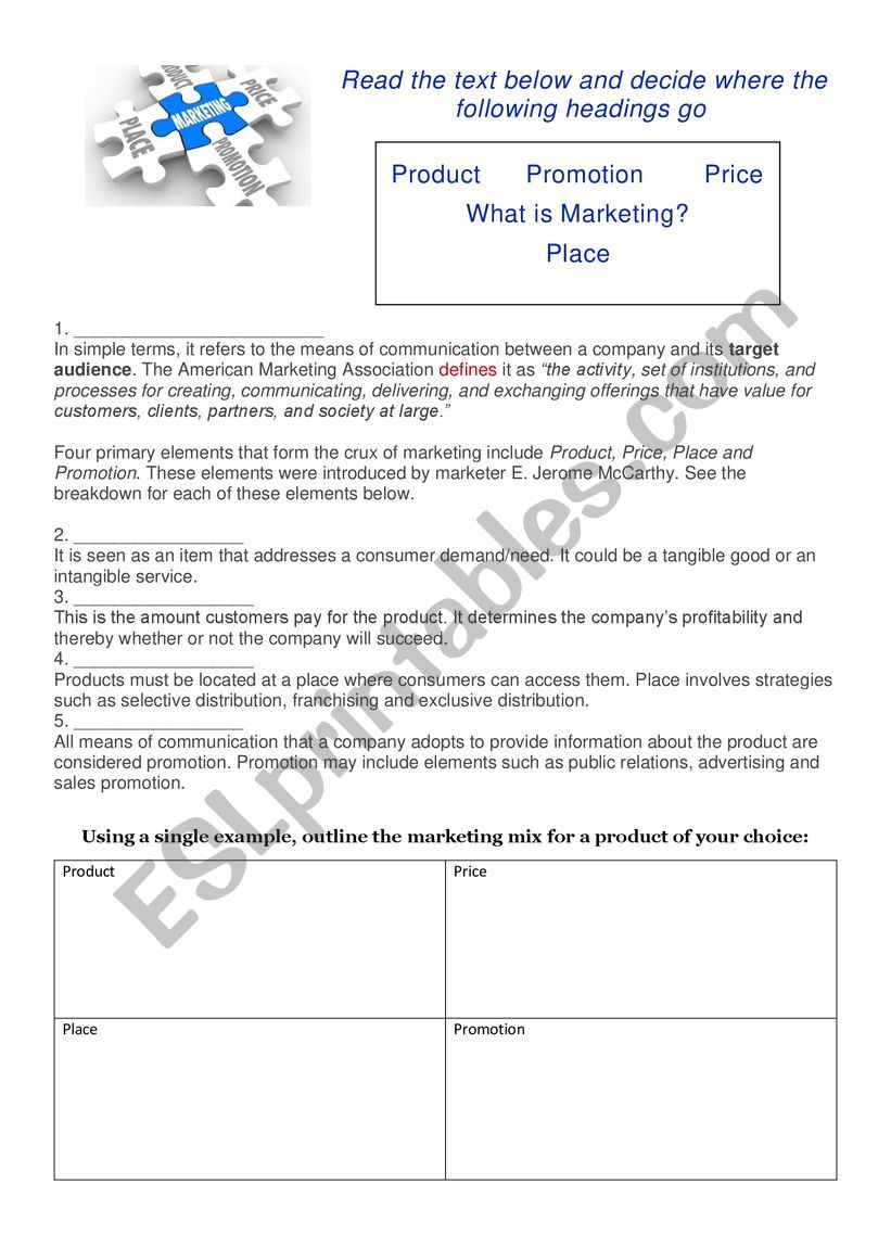 The four Ps of Marketing worksheet