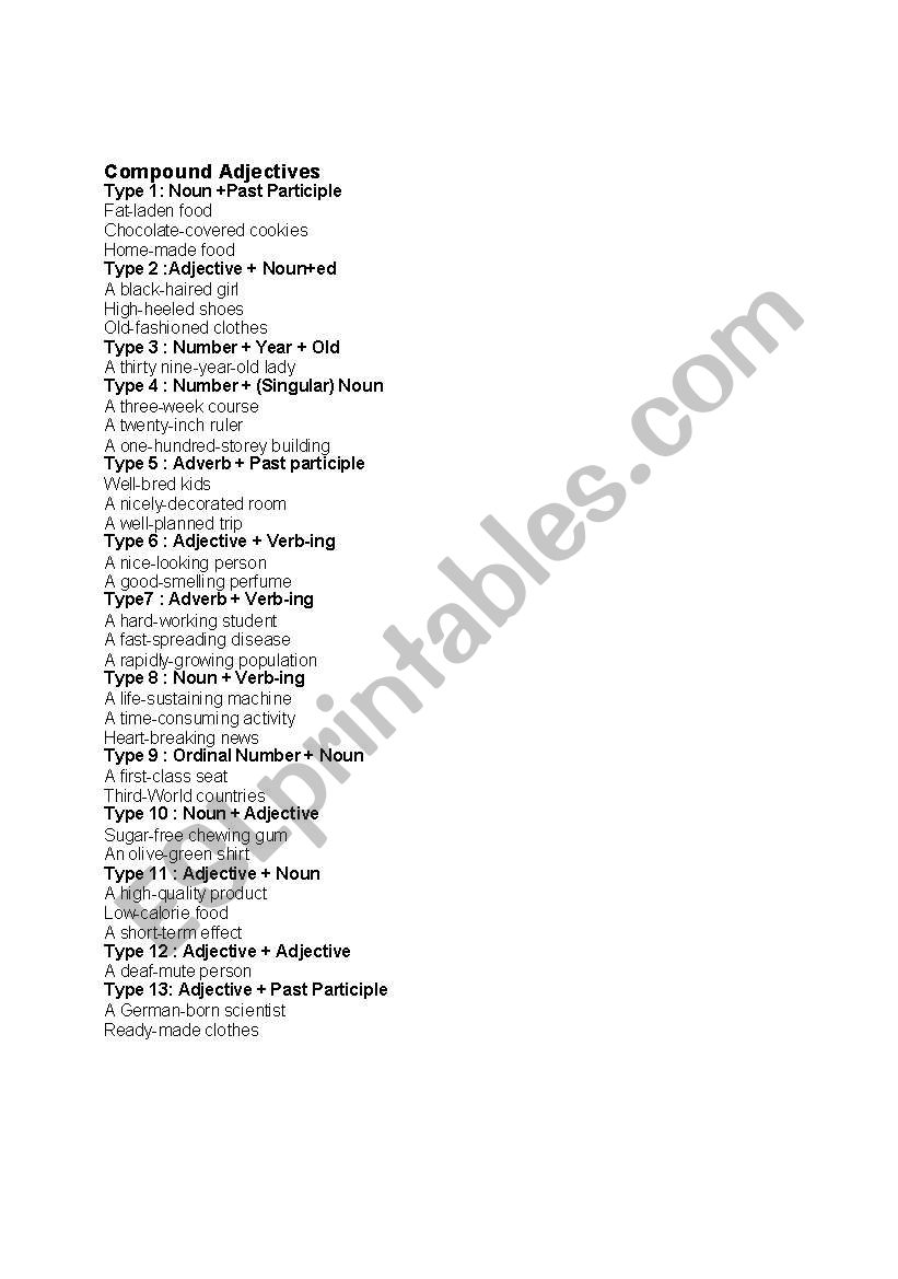 compounds adjectives worksheet