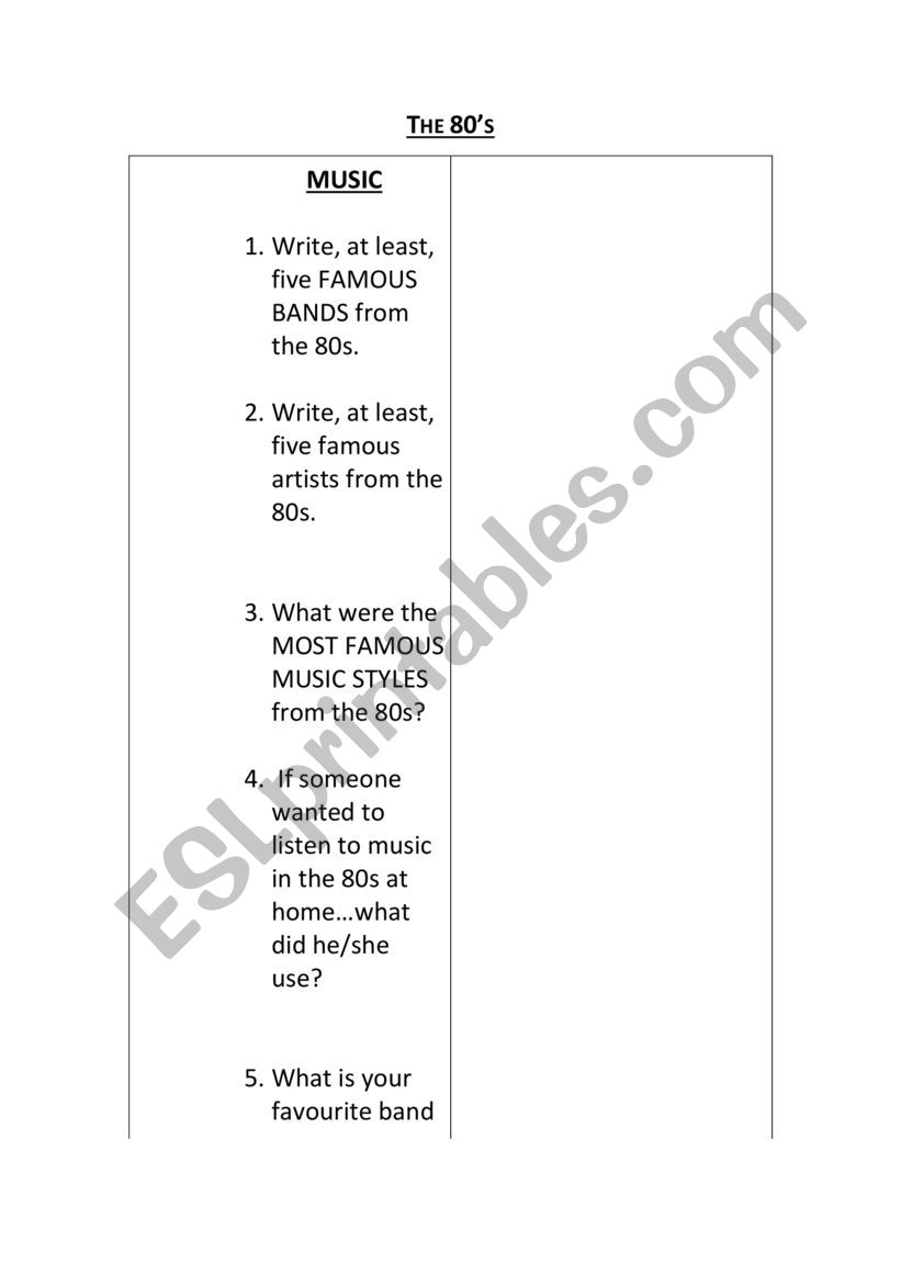 Life in the 80â€™s worksheet
