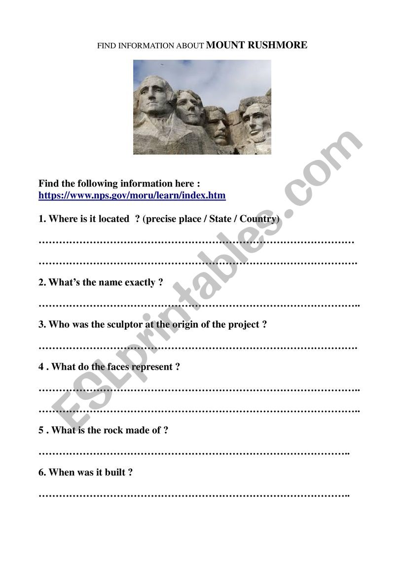 Mount Rushmore worksheet