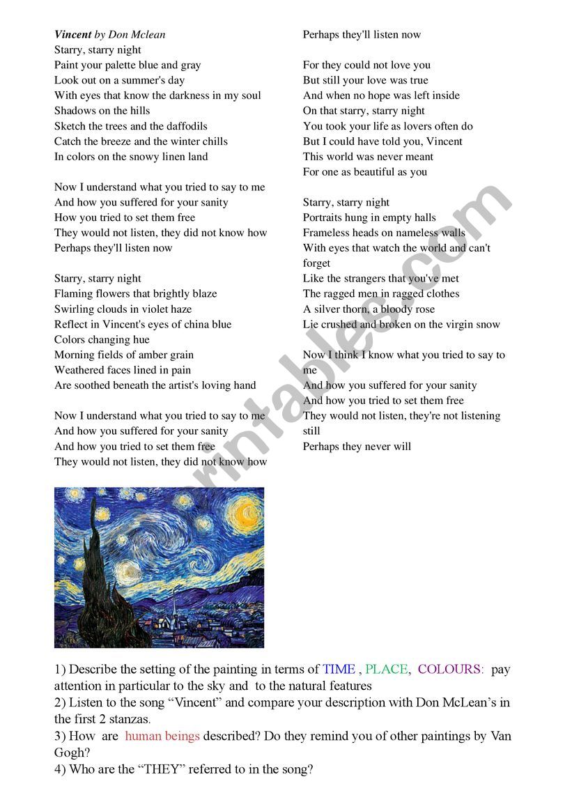 Van Gogh- song worksheet Vincent by Don McLean