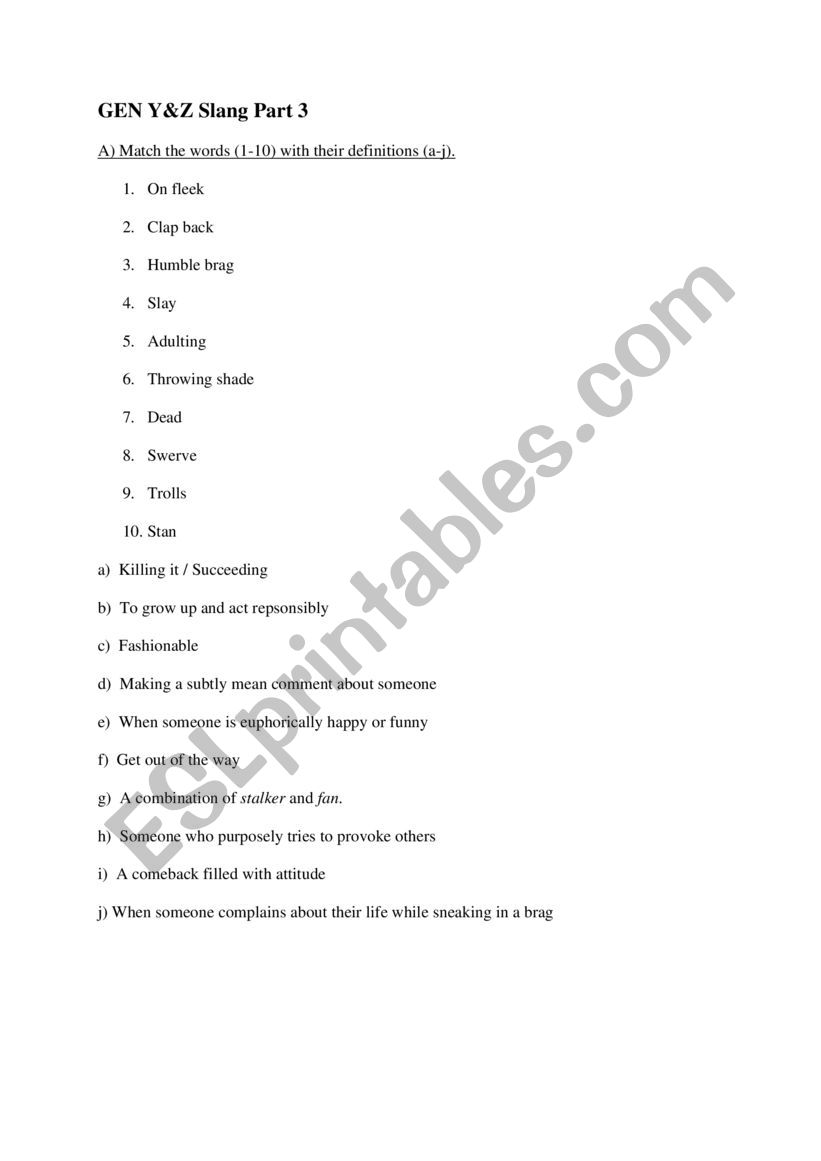 GEN Y&Z Slang Part 3 worksheet