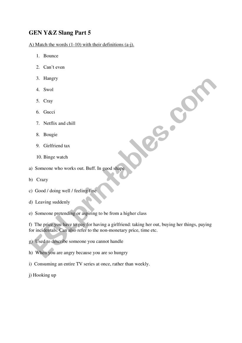 GEN Y&Z Slang Part 5 worksheet