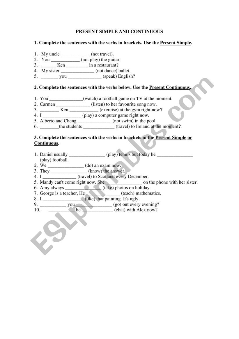 Present simple and continuous worksheet