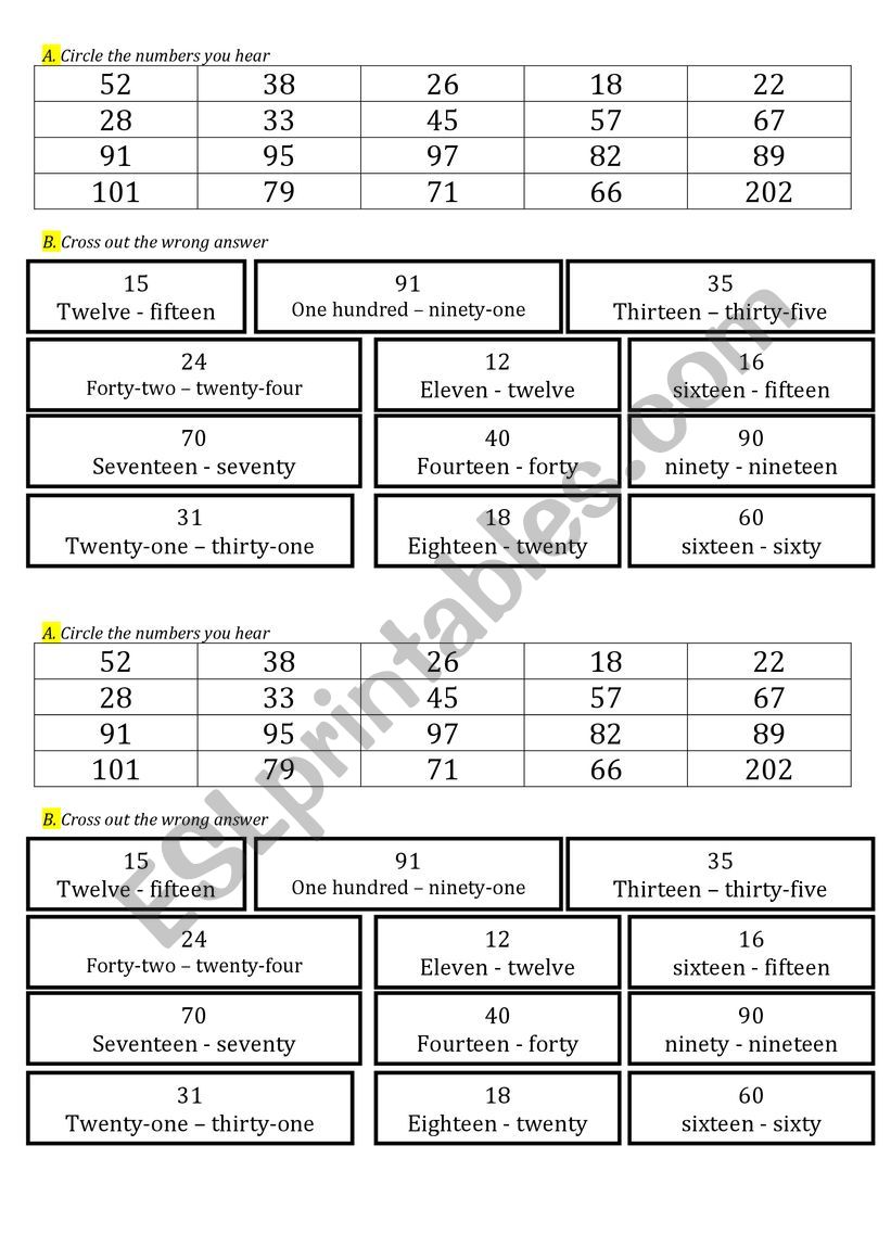 numbers worksheet