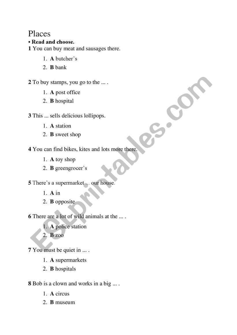 places in the city worksheet