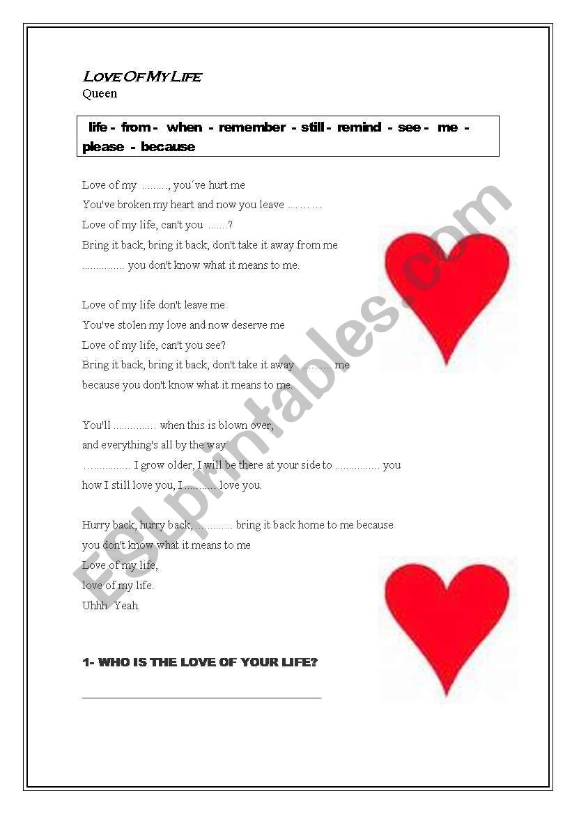 LOVE OF MY LIFE worksheet