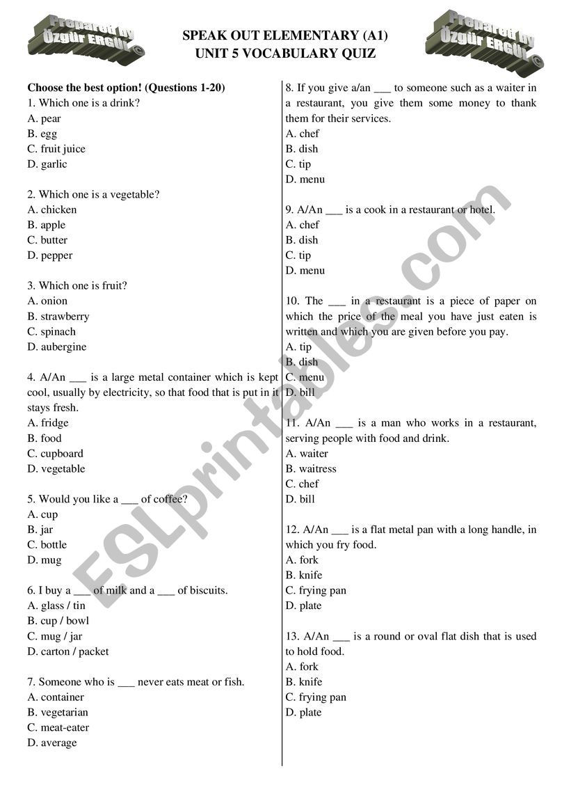 Speakout Elementary Unit 5 Vocabulary Quiz