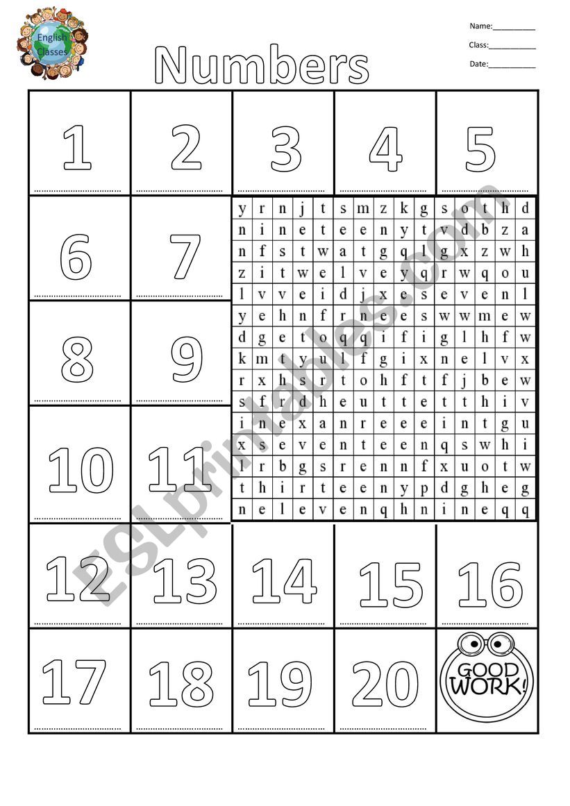 Numbers 1-20 worksheet