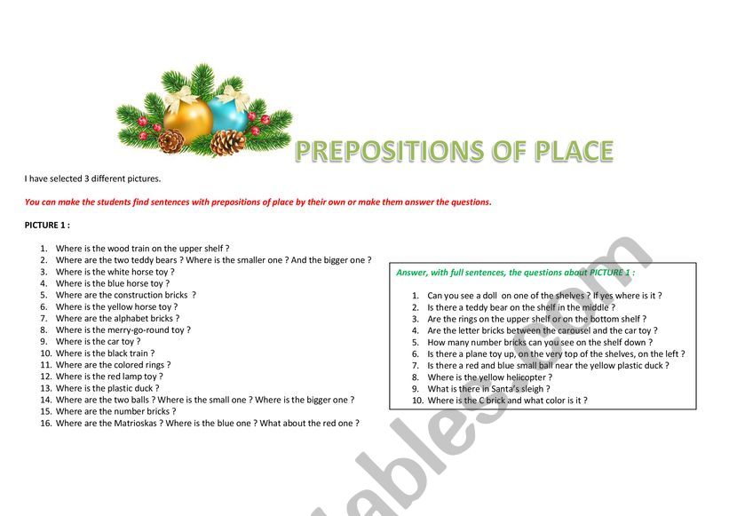 Prepositions and expressions of place with 3 Christmas pictures.