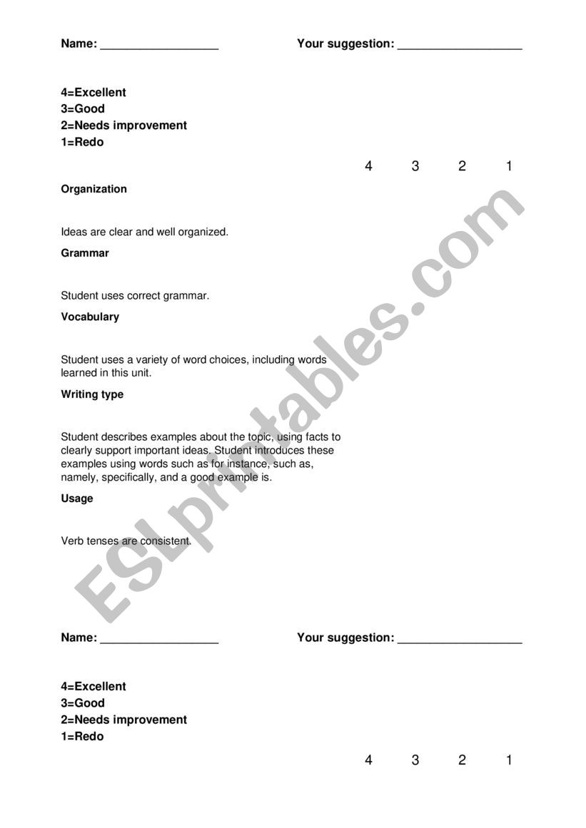 Writing rubric worksheet