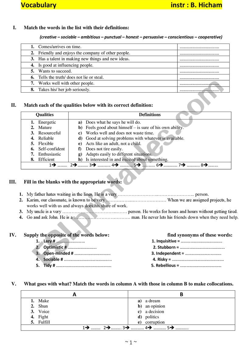 gifts of youth vocabulary worksheet
