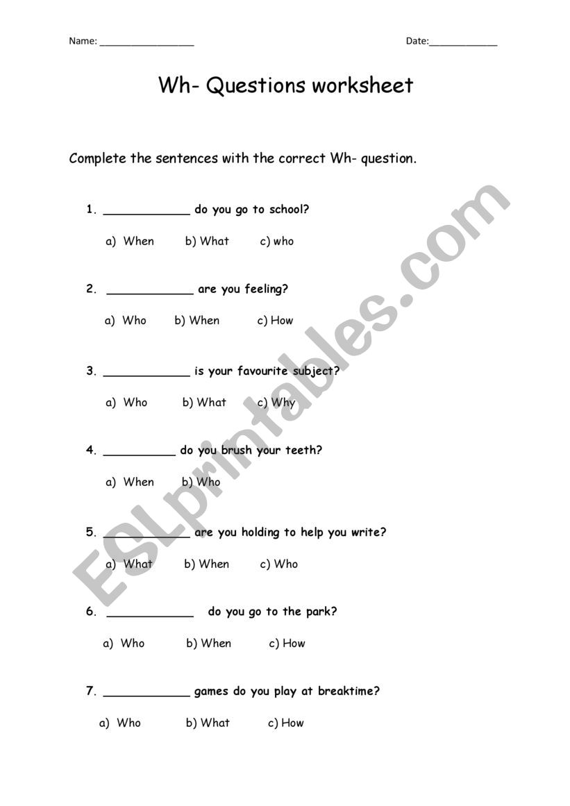 Wh- Questions What and When  worksheet