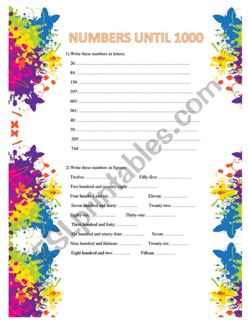 NUMBERS UNTIL 1000 worksheet