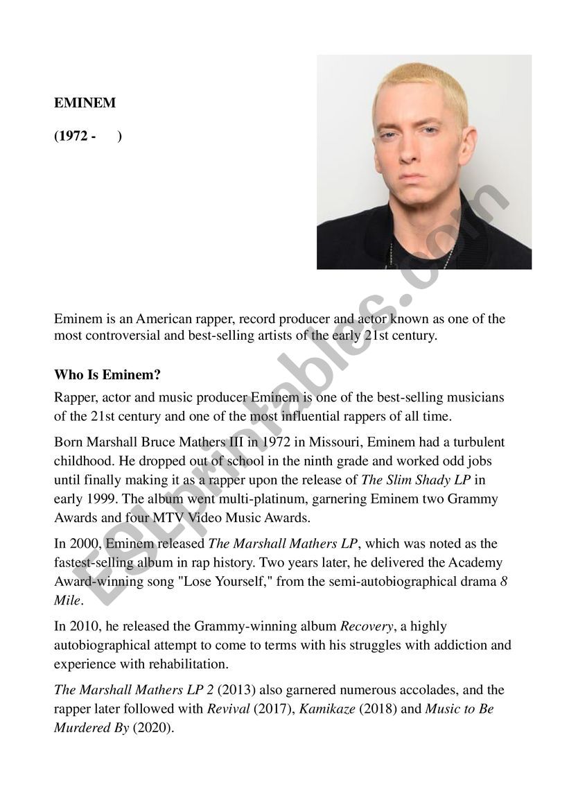 Eminem , a Famous Rapper worksheet