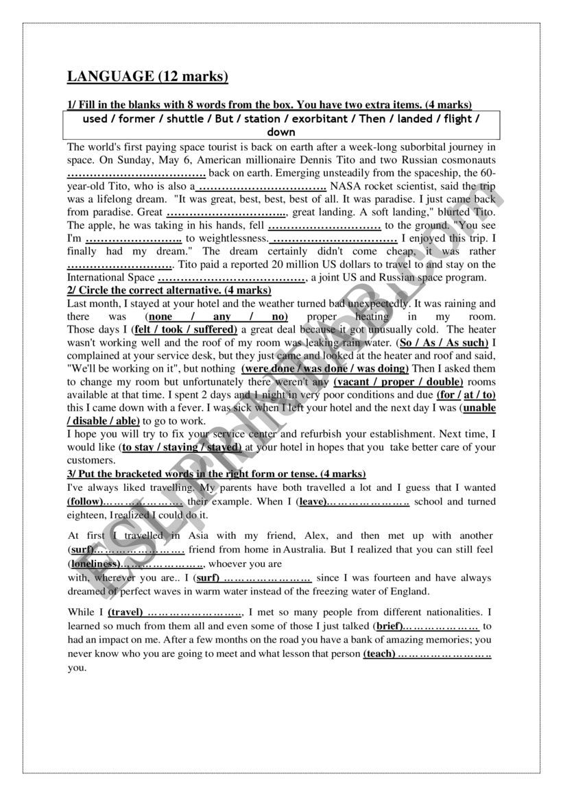 Forth form mid-term test 1 worksheet