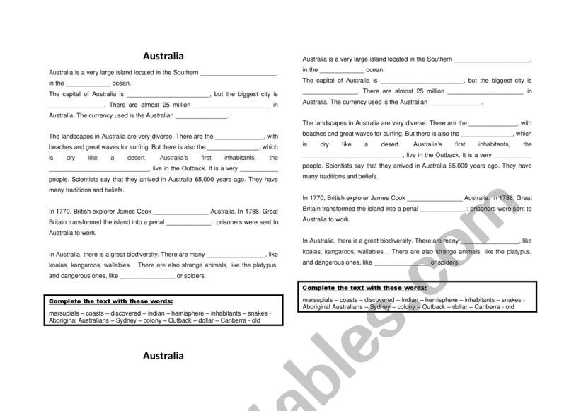 Discover Australia worksheet