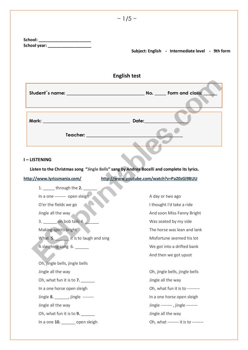 9 th form English test worksheet