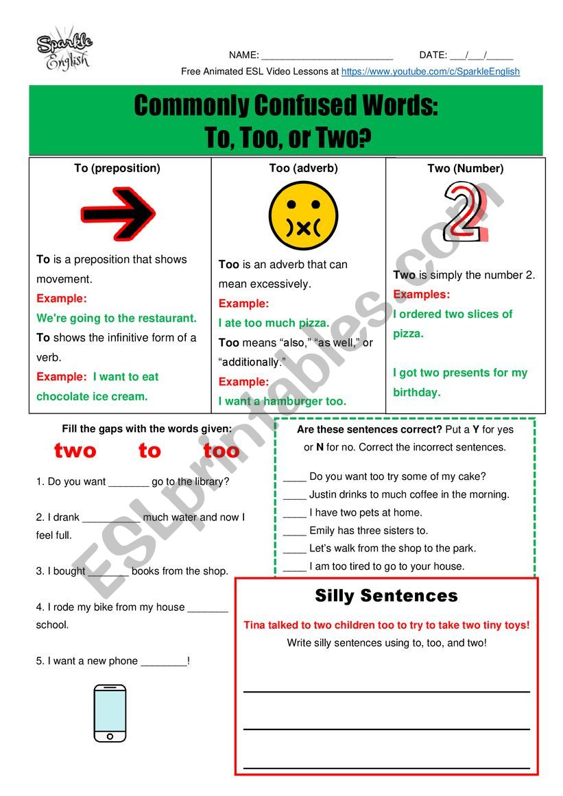 To, Too, or Two? - Commonly Confused Words Homophones / Homonyms Worksheet