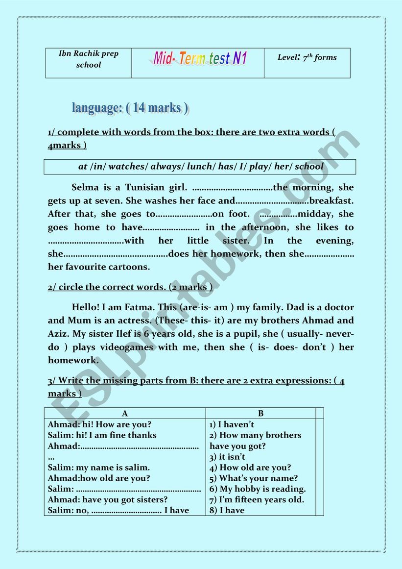 mid term test N1 for 7th form worksheet