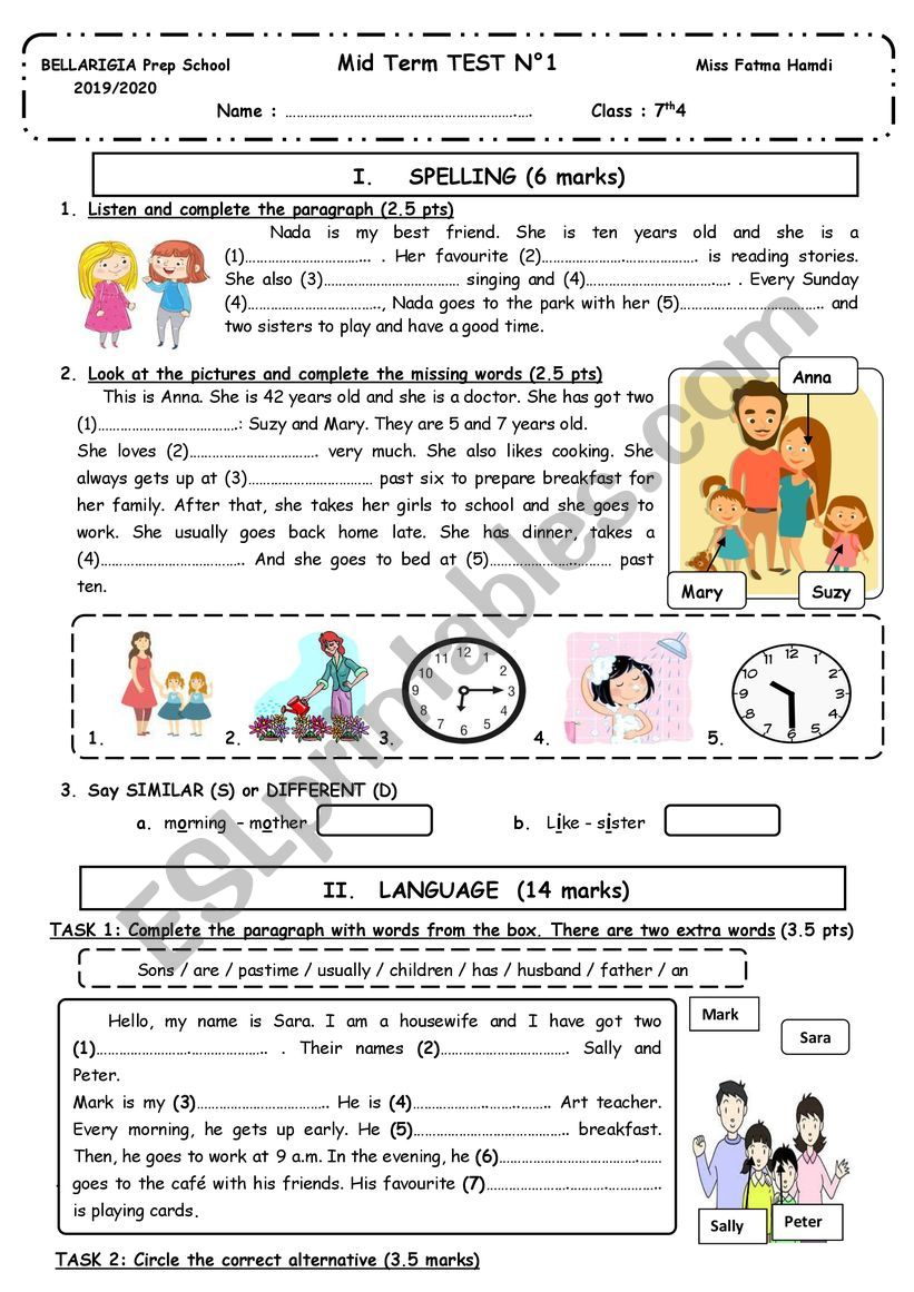 7th grade - Mid Term Test N1 worksheet