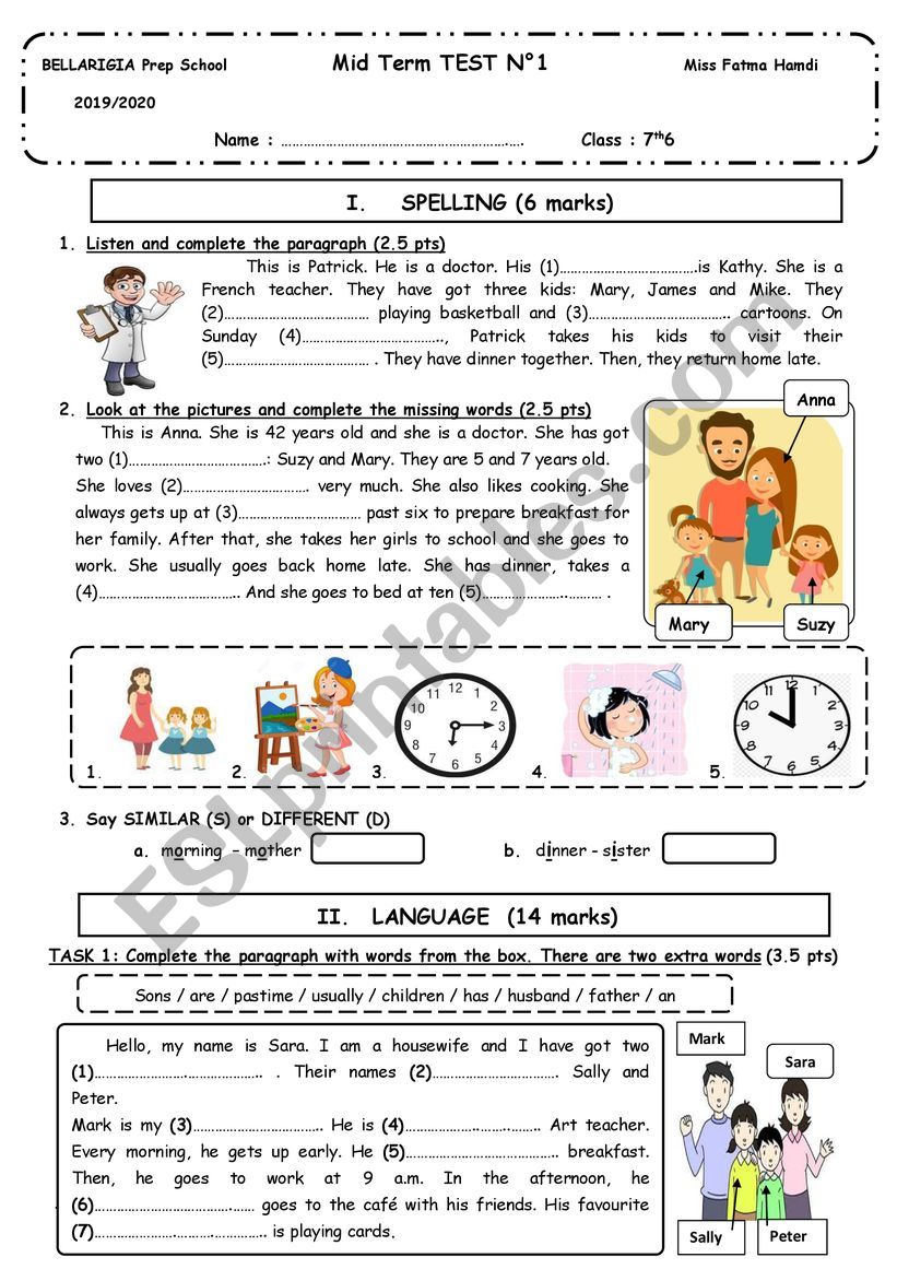 7th grade - Mid Term Test N1 worksheet