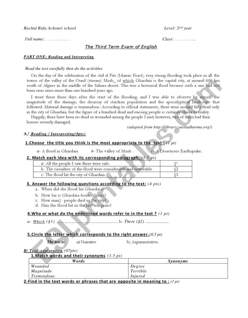 Exam worksheet