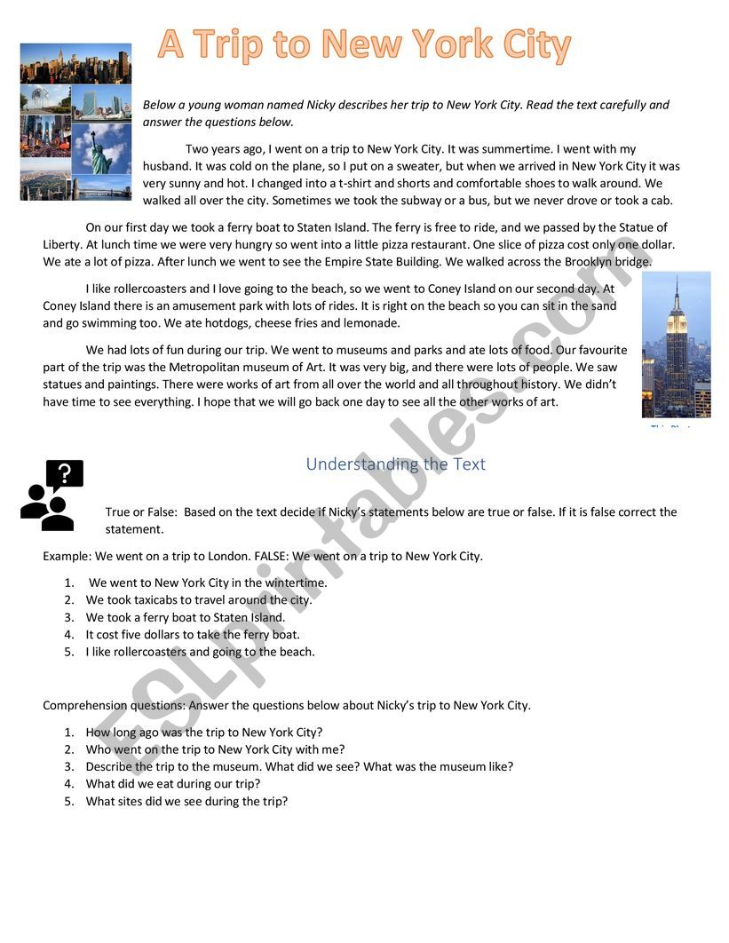My Trip To New York City Story and Comprehension Questions