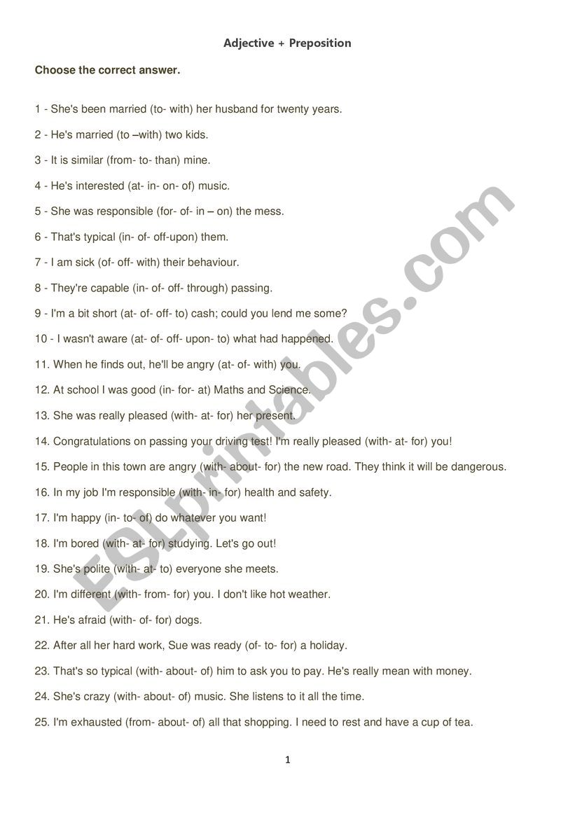 Adjective + Preposition worksheet