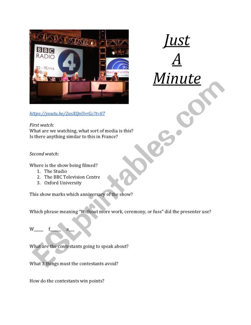 Just a Minute worksheet