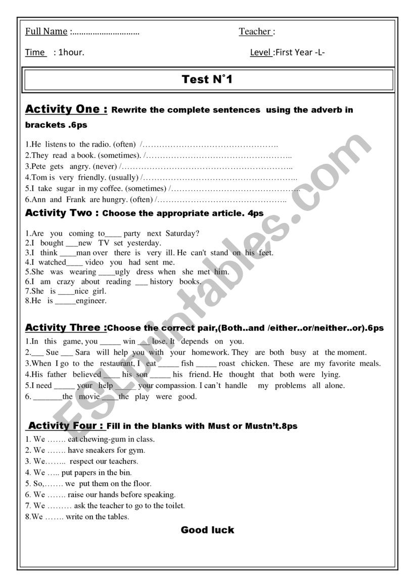 Grammar test worksheet