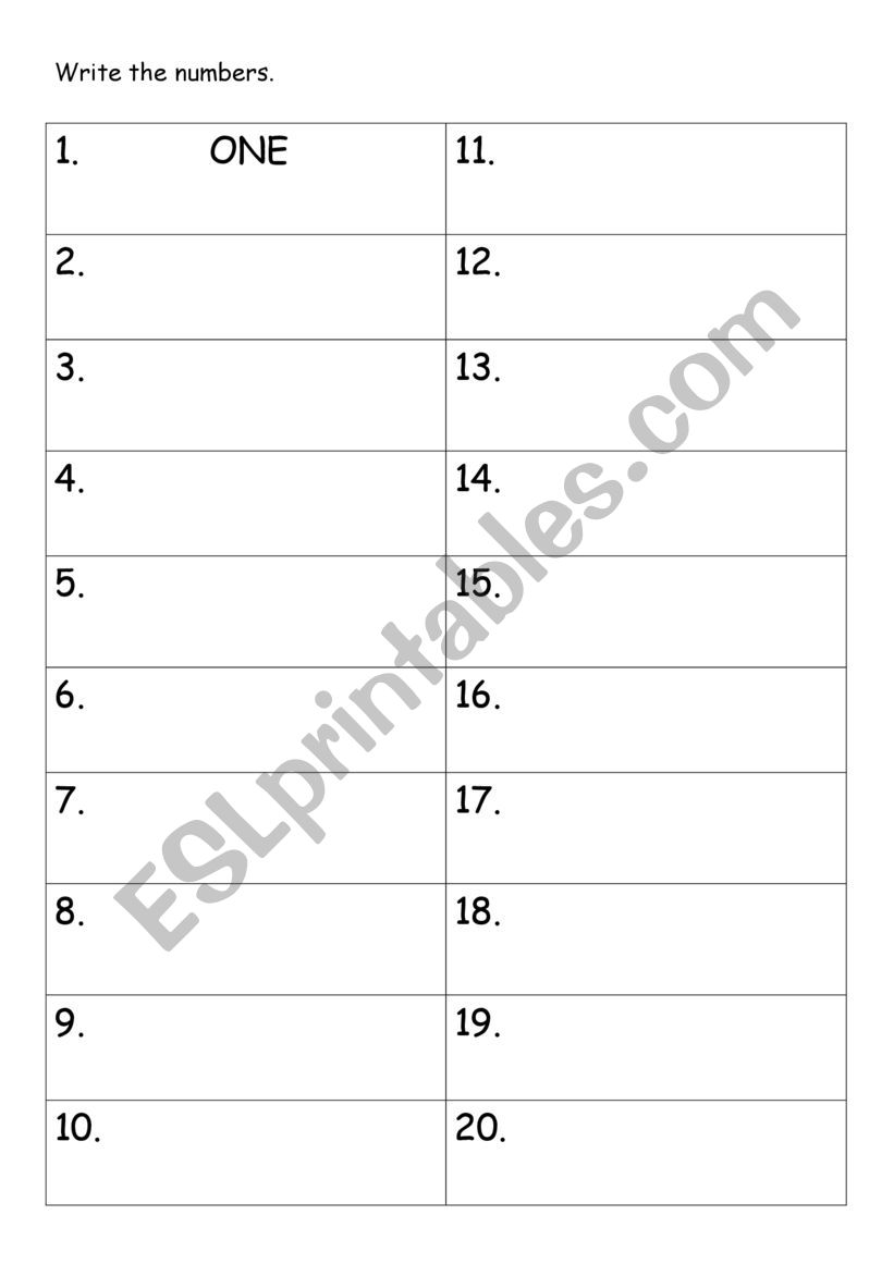 Write the numbers 1-20 worksheet