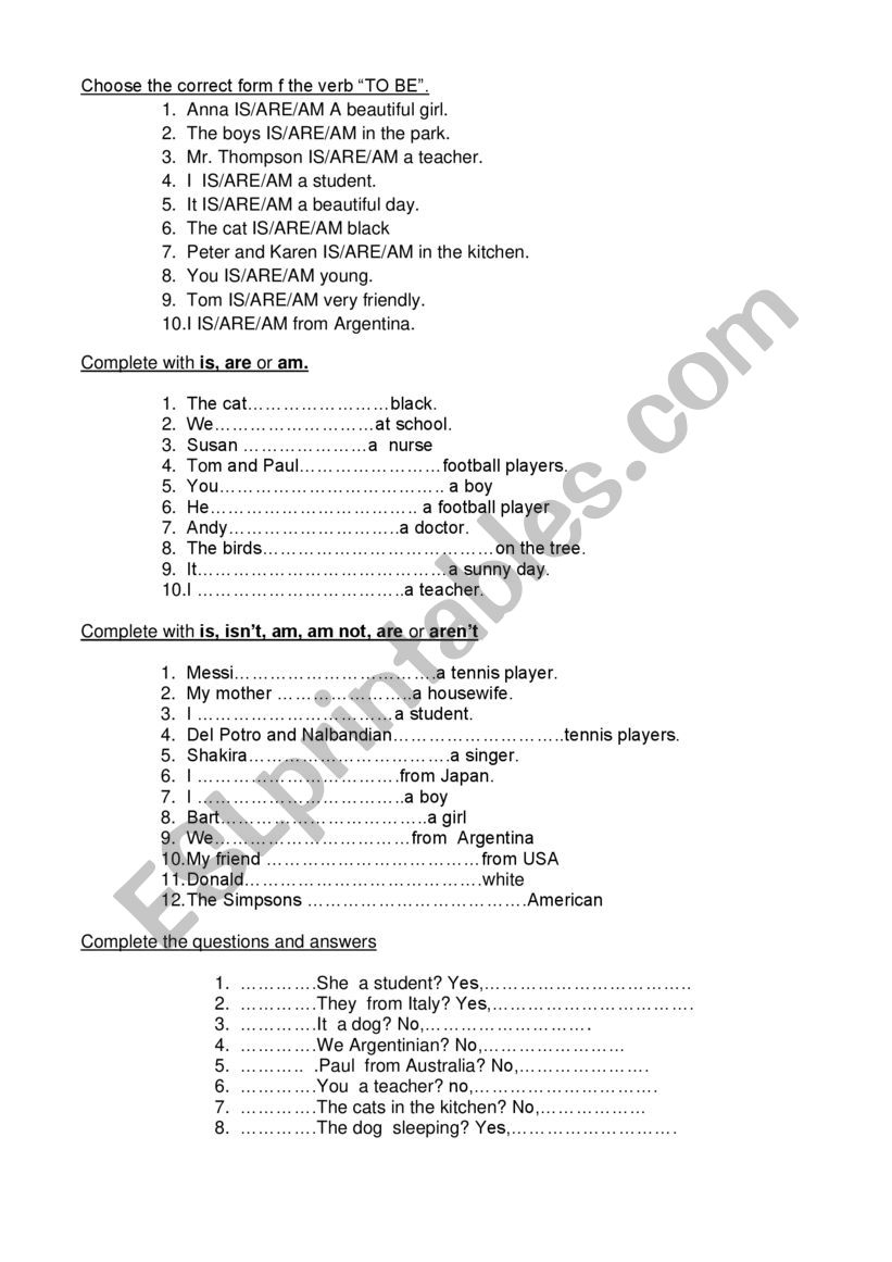 Verb to be worksheet