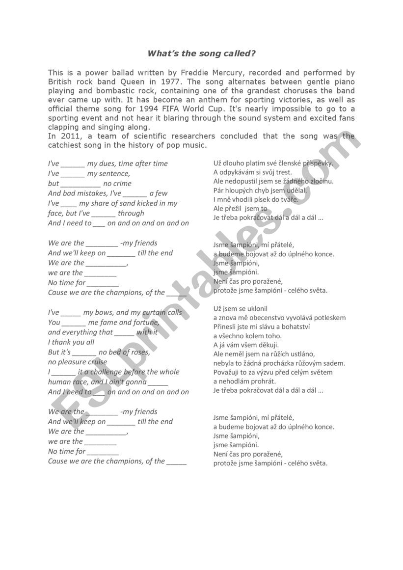 Queen - We Are The Champions worksheet