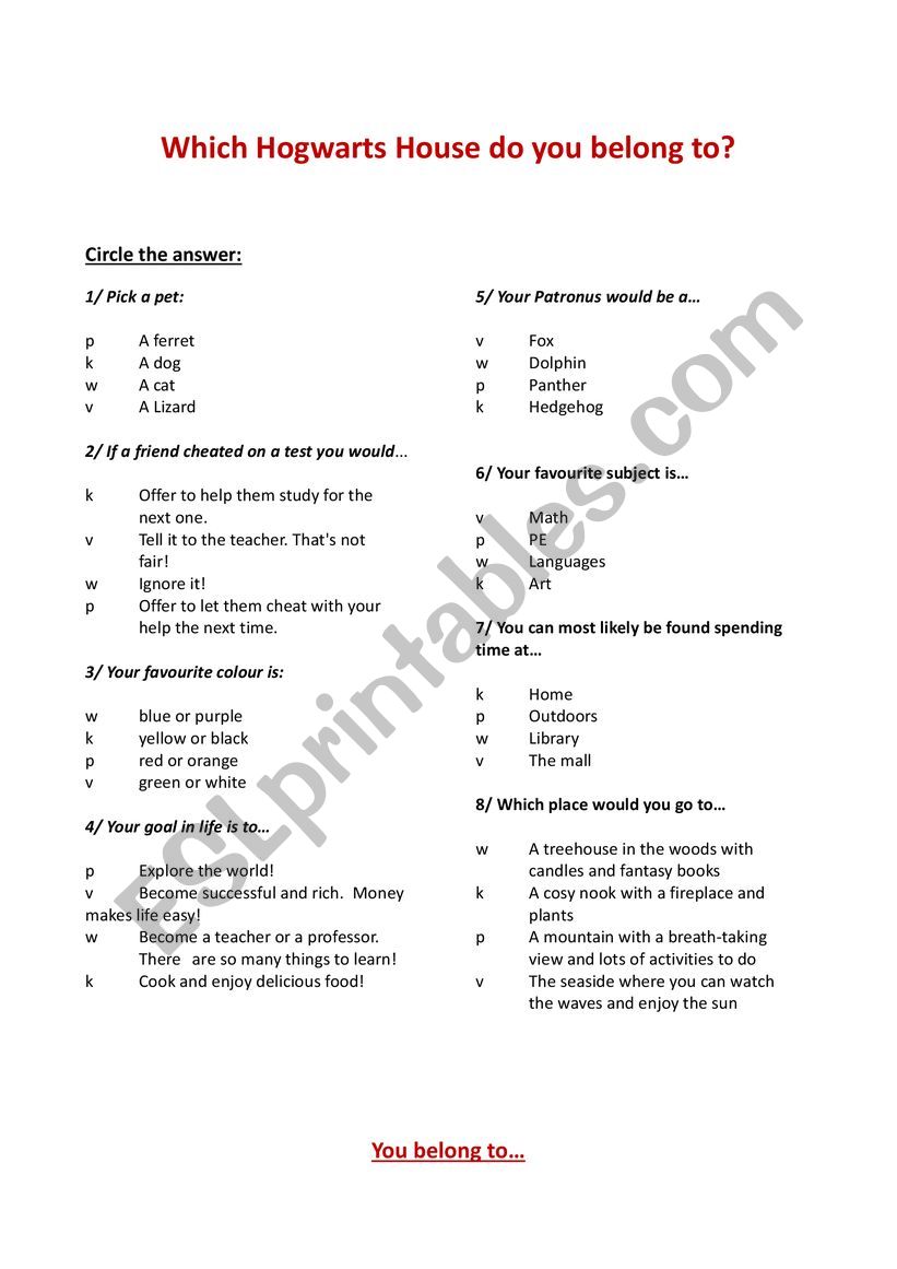 Sorting Quiz - Harry Potter worksheet