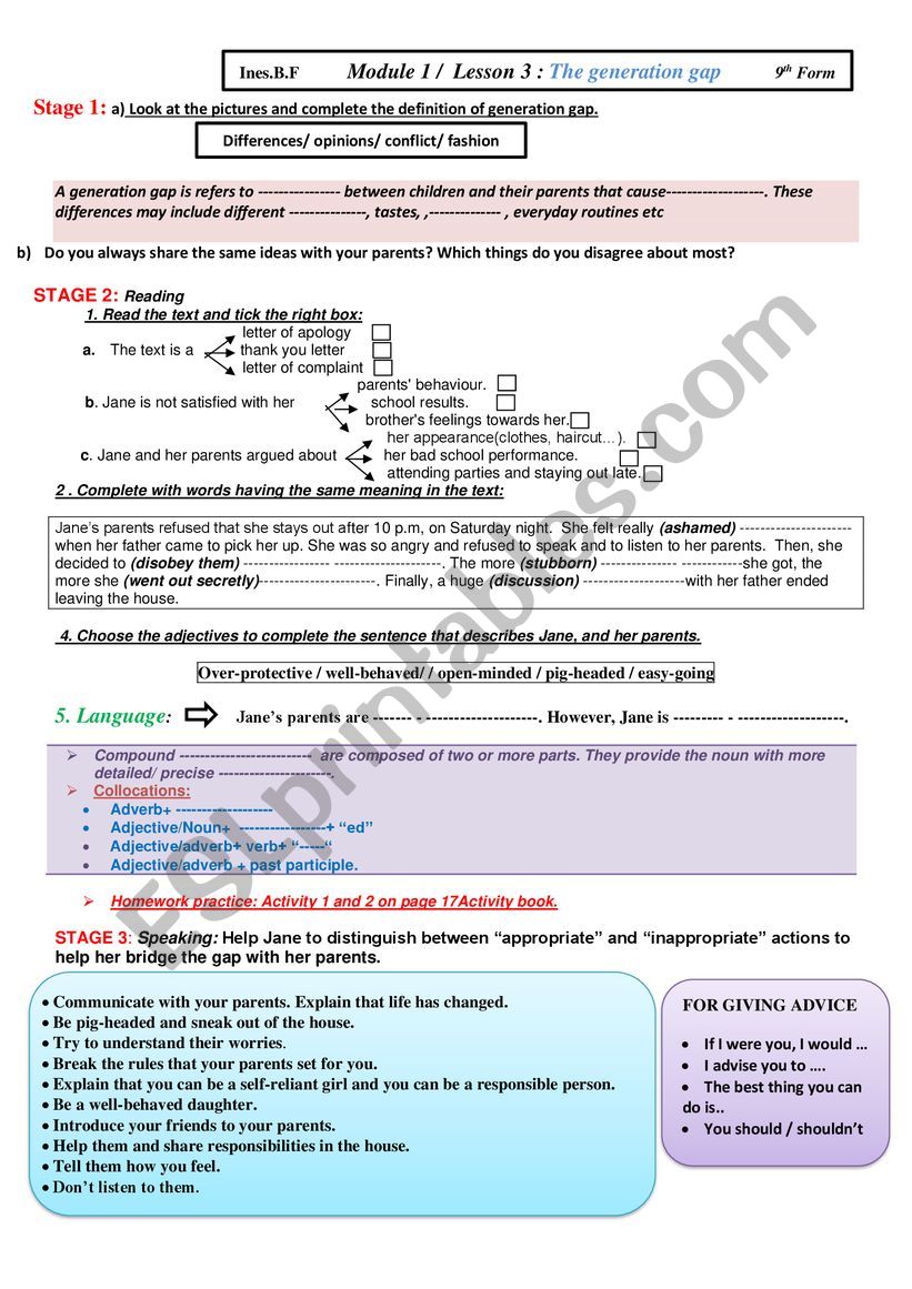 Generation Gap Lesson 3 9th Form Tunisian 