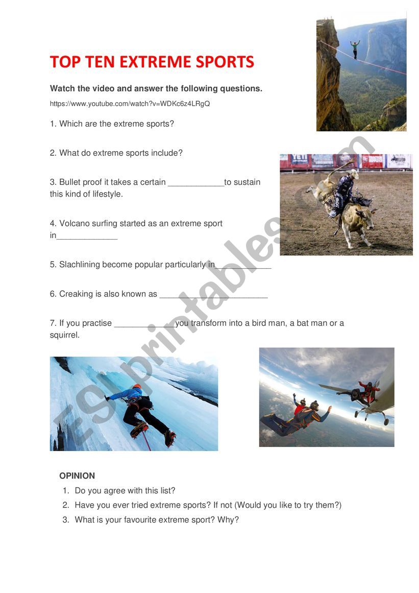 TOP TEN EXTREME SPORTS worksheet