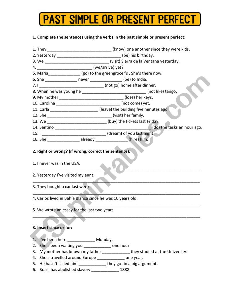 Past simple or present perfect?+ for / since - ESL worksheet by sofíaBUS