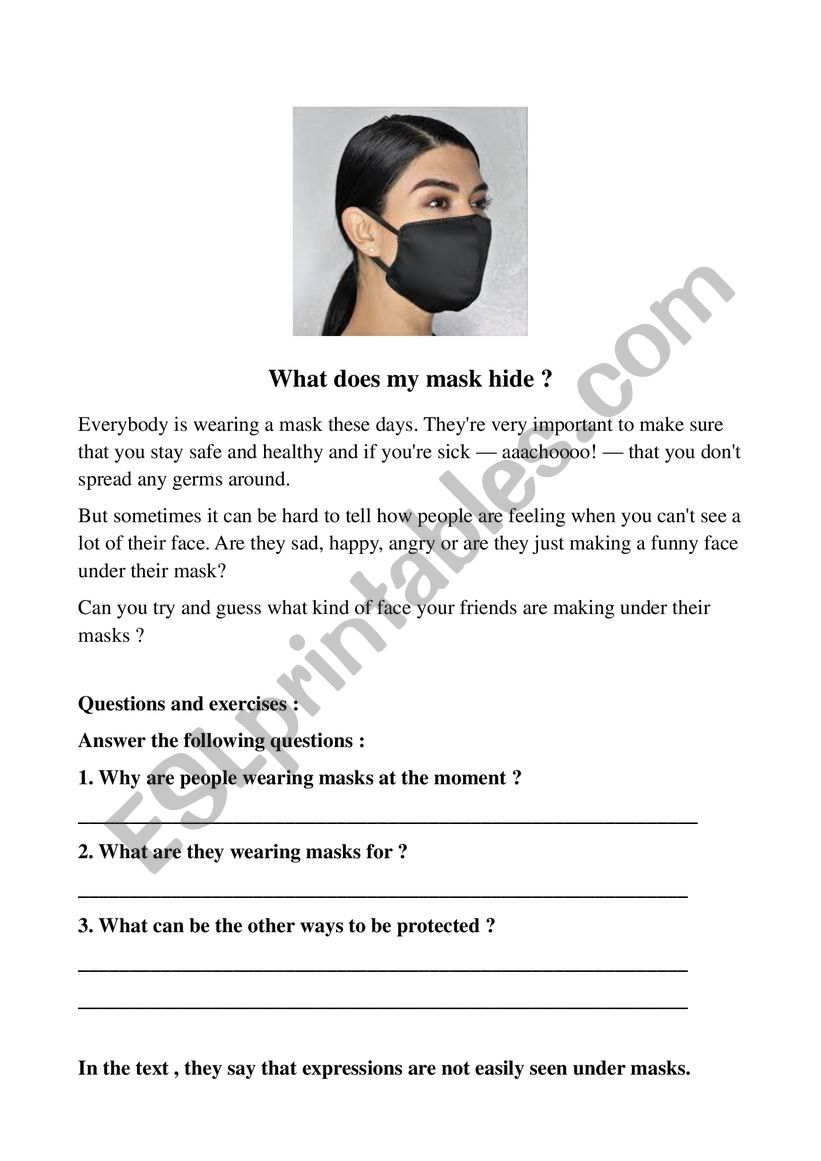 What does my mask hide ? worksheet