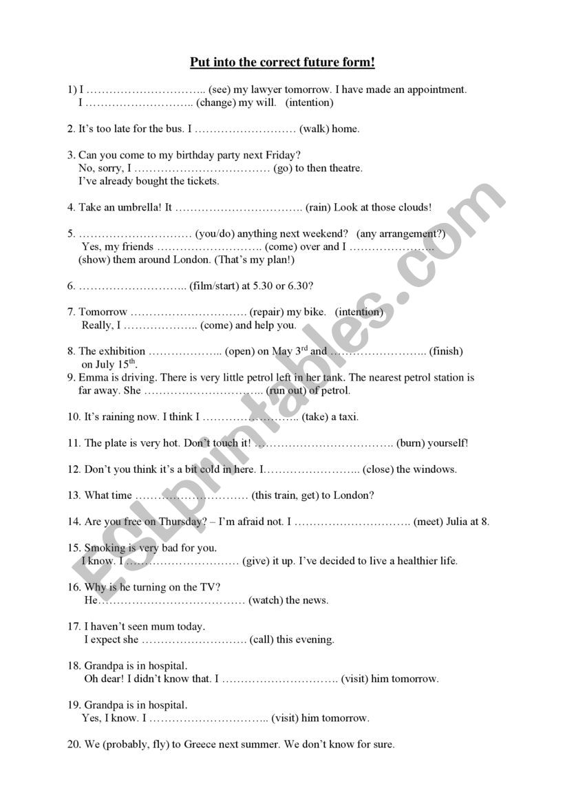 How to express future actions worksheet