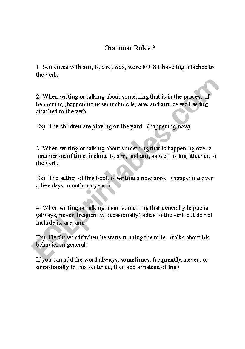 Grammer rules for verb tense worksheet