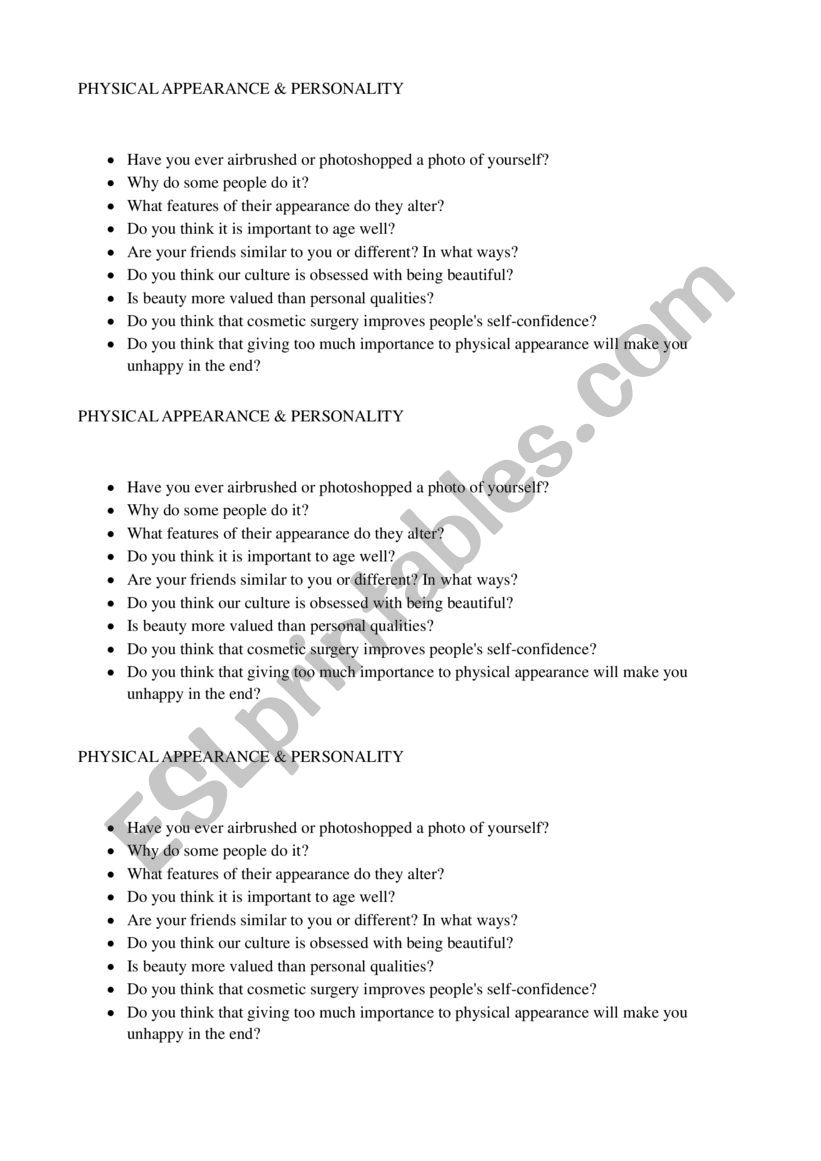 Physical appearance worksheet